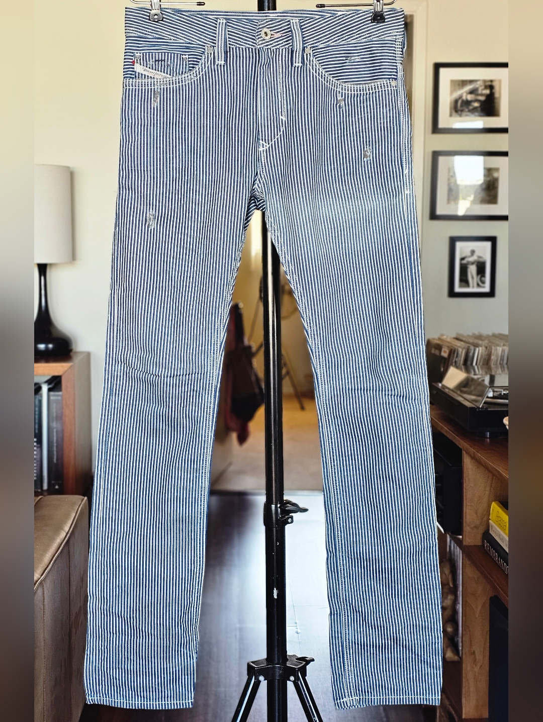 Diesel Industry Thanaz 3d Men's Blue And White Pinstripe Jeans Rare